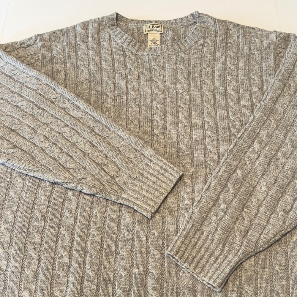 LL Bean Sweater Gray Cable Knit Lambswool Blend Large L-REG Mens O ARG8 Vintage